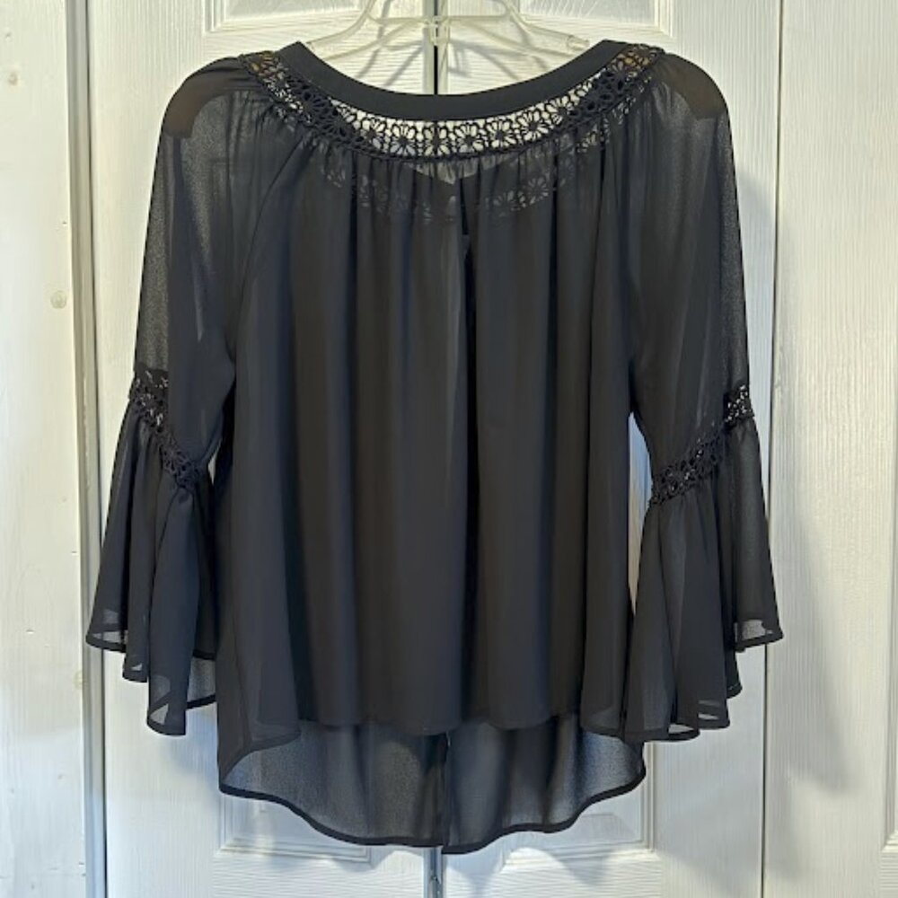 Sheer Black Cover Blouse 3/4 Length Sleeve With Lace Size Medium